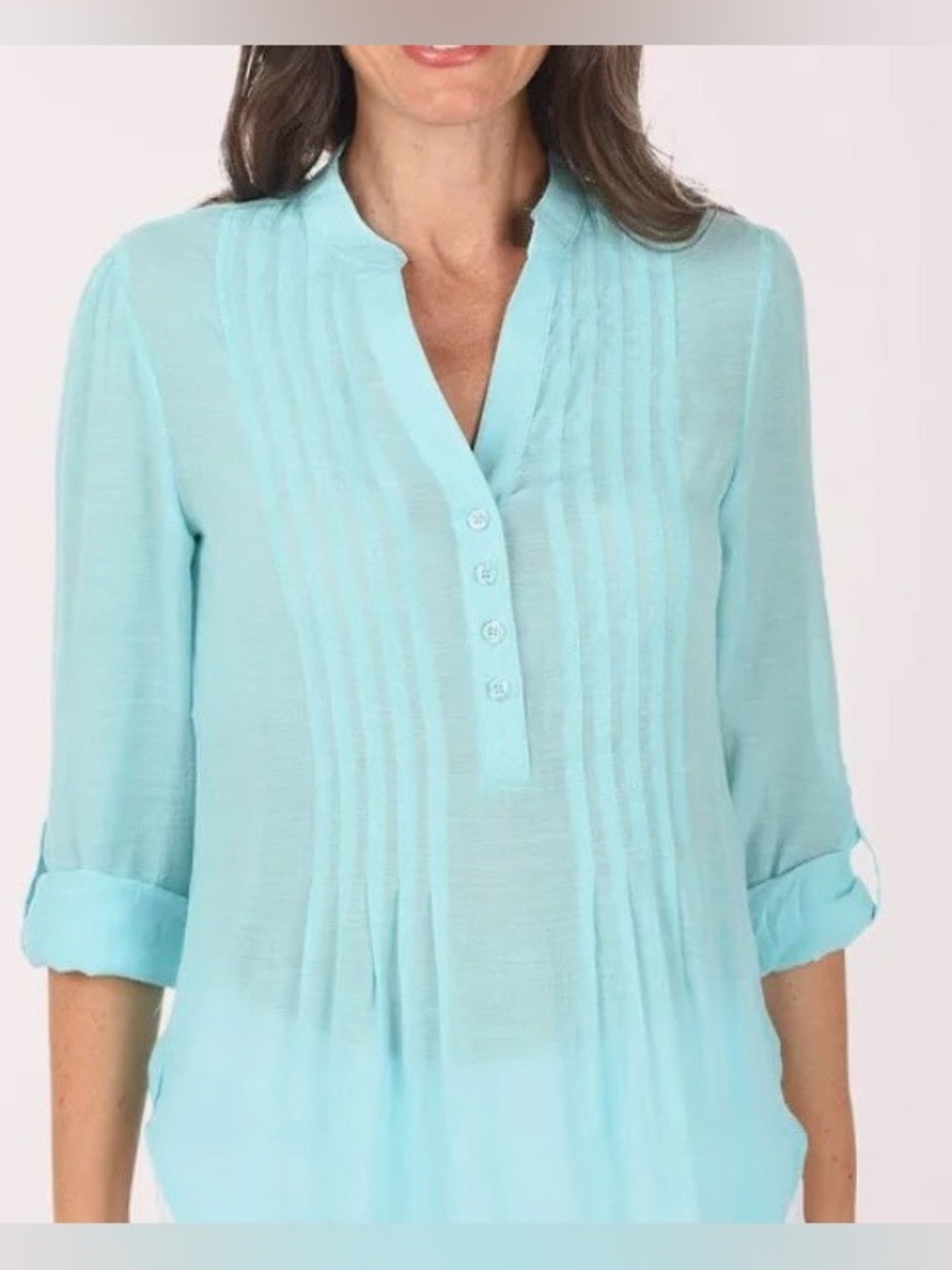 ZAC & RACHEL SOLID PLEATED TUNIC V-NECK ROLL SLEEVES WOMEN COLOR BLUE SIZE 1X * - Picture 13 of 14